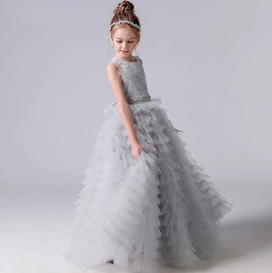 Dideyttawl Customized Long Girls Formal Princess Gown Tiered Flower Girl Dresses For Wedding Party Tulle Junior Bridesmaid Dress